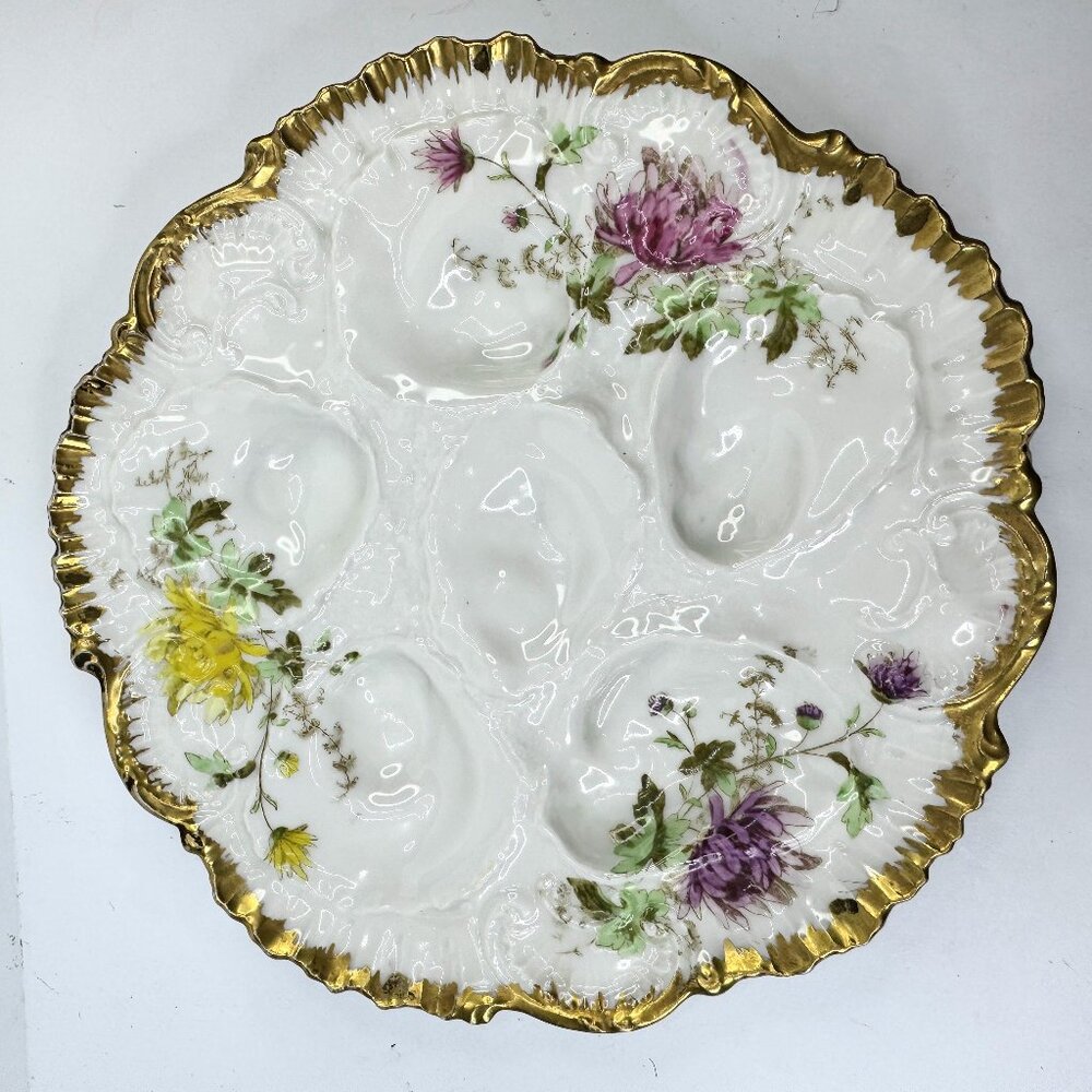 Antique Oyster Plate Hand Painted Flowers - Limoges Porcelain - France 8.5" A499